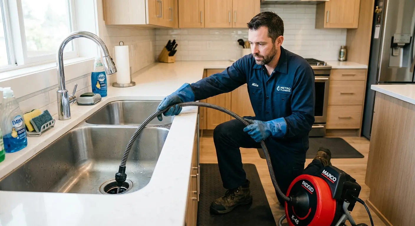 Drain cleaning technician using a motorized snake on a kitchen sink in West Greenwich