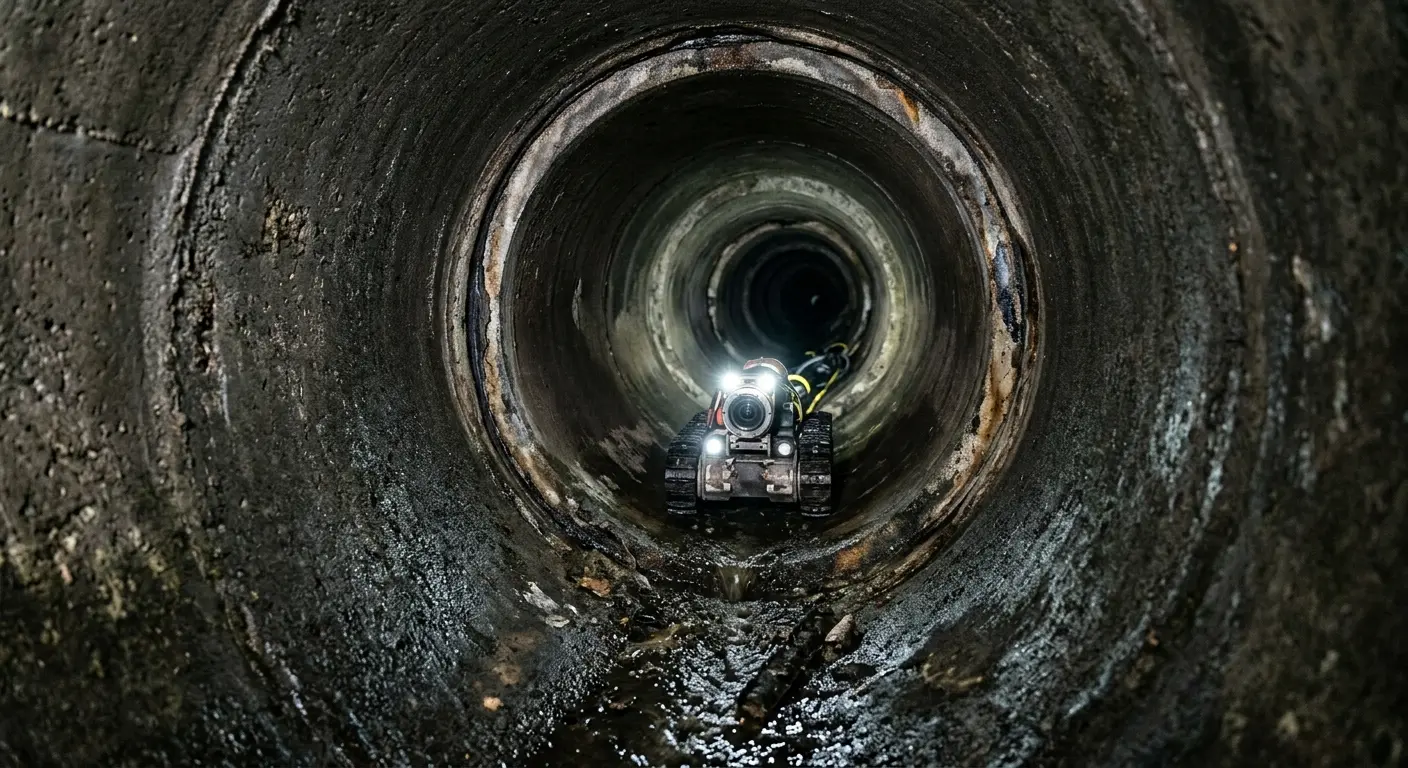 Robotic sewer camera inspecting pipe interior for Sewer Line Cleaning in West Greenwich