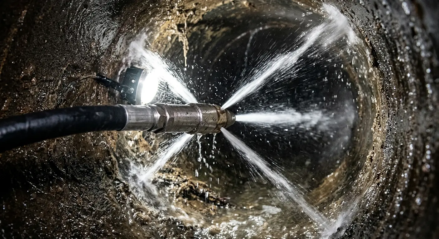 High-pressure hydro jetting nozzle cleaning sewer pipe for Sewer Cleanout in West Greenwich