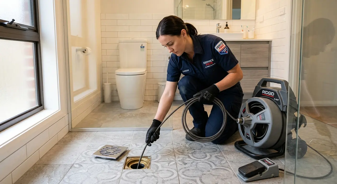 Technician clearing a bathroom floor drain for Sewer Line Installation in West Greenwich